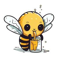 linda dibujos animados abeja Bebiendo jugo desde un vaso. vector ilustración.