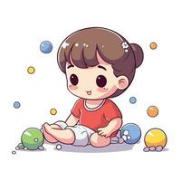 Cute little girl playing with bubbles. Vector illustration in cartoon style.