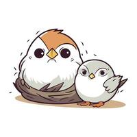 Cute little chick and hen in the nest. Vector illustration.