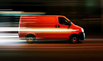 Delivery van with neon lights speeding through the city. Creating using generative AI tools photo