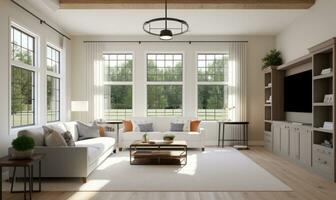 The modern farmhouse living and family room exudes a welcoming ambiance. Creating using generative AI tools photo