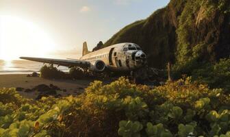 On the black sand beach, an eerie sight unfolds an abandoned airplane. Creating using generative AI tools photo