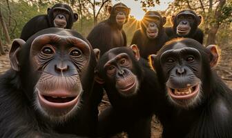 Capture the playful spirit of a chimpanzee in a delightful selfie moment. Creating using generative AI tools photo
