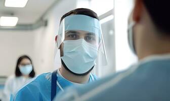 Group of male doctors smiling at camera inside the hospital. Creating using generative AI tools photo