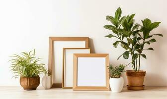 Clean and modern white table with empty wooden photo frame and greenery Creating using generative AI tools