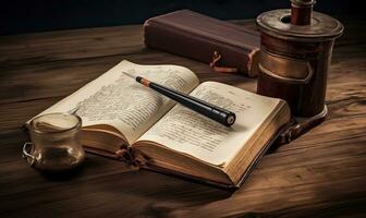 Old inkwell next to books on wooden table Creating using generative AI tools photo