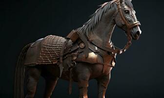 With noble grace and steadfast determination, the anthropomorphic horse commands the battlefield in military armor. Creating using generative AI tools photo