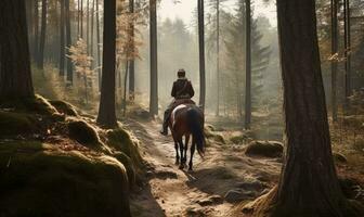 Lone horseman wanders through dense forest Creating using generative AI tools photo