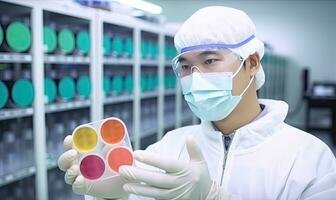 Sterile coverall-clad Asian technician examining colored petri dishes Creating using generative AI tools photo
