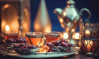 Festive Moroccan tea cup with Arabic calligraphy for Ramadan Creating using generative AI tools photo