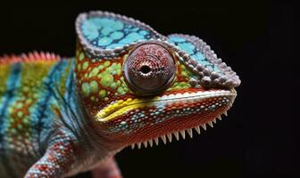 Camouflaging chameleon displays stunning colored close-up Creating using generative AI tools photo