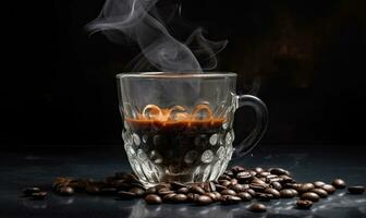 Cup of coffee and coffee beans over dark background. Creating using generative AI tools photo