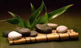 Spa decoration with bamboo, stones, and candles for relaxation. photo