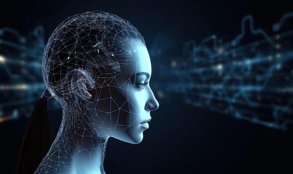 Female android with a human face and robotic body. Creating using generative AI tools photo