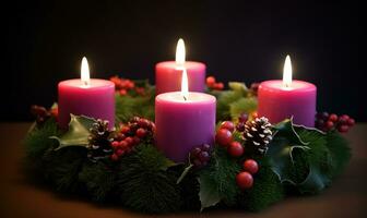 eighteenth day advent with purple candles and holly photo