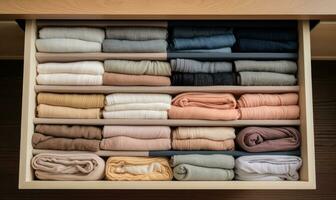 Neat and tidy sock drawer with folded socks of various colors. Creating using generative AI tools photo