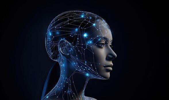 Head of a female robot. Creating using generative AI tools photo