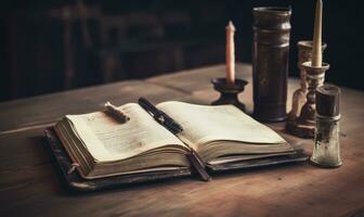 Antique inkwell, candle, and books on old table Creating using generative AI tools photo