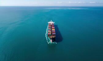 Cargo ship on the ocean seen from above with drone. Creating using generative AI tools photo