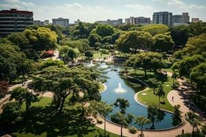 un parque en un bullicioso ciudad con amplio abierto espacio flor campos ai generado foto