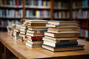 pile of book on the top table in library professional advertising photography AI Generative photo