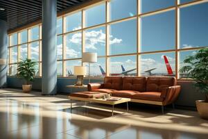 esperando habitación a el aeropuerto con el grande ventana ai generado foto