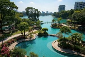 a park in a bustling city with wide open space flower fields AI Generated photo