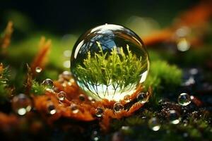 realistic forest macro close up of rain drop AI Generated photo