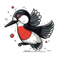 Hand drawn vector illustration of a great spotted woodpecker. Isolated objects on white background.