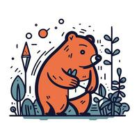 Cute cartoon bear in the forest. Vector illustration in a linear style.