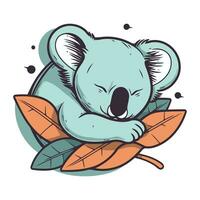 Cute cartoon koala sleeping on the leaves. Vector illustration.