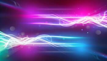Abstract futuristic background with pink blue neon lines glowing in ultraviolet light, and bokeh lights. AI Generative photo