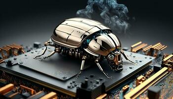 Beetle attacks and destroys electronics. Concept of computer virus and malicious software code. AI Generative photo