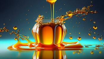 Pouring golden honey texture. Healthy and natural delicious sweets. Flow dripping yellow melted liquid. Food background. AI Generative photo