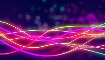 Abstract futuristic background with pink blue neon lines glowing in ultraviolet light, and bokeh lights. AI Generative photo