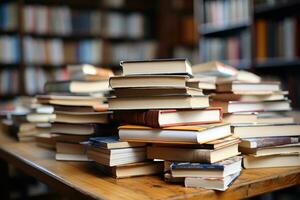 pile of book on the top table in library professional advertising photography AI Generative photo