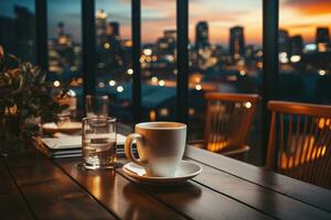 an evening in the office with an empty coffee mug on a table AI Generated photo