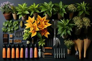 knolling gardening tool flat lay AI Generated photo