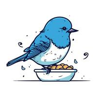 vector ilustración de un azul pájaro con un cuenco lleno de alimento.