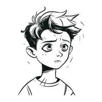 Portrait of a sad boy. Black and white vector illustration.