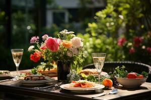 table set for a summer brunch in the garden AI Generated photo