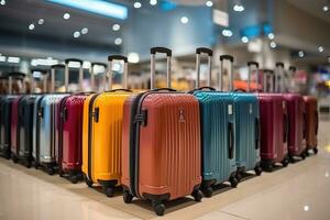 suitcase of luggage at the airport for holidays professional advertising photography AI Generative photo