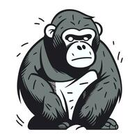 Chimpanzee monkey vector illustration isolated on white background. Monochrome style.