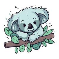 Cute cartoon koala sitting on a tree branch. Vector illustration.