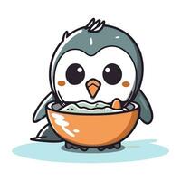 Cute penguin eating from a bowl. Vector cartoon illustration.