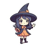 Cute little girl in a witch costume. Halloween vector illustration.