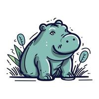 Hippopotamus sitting on grass. Vector illustration in doodle style