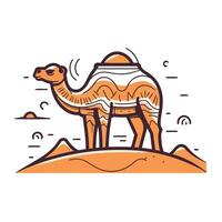 Camel in desert. Vector illustration in flat linear style on white background.