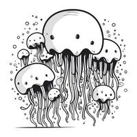 Jellyfish in the sea. Black and white vector illustration.