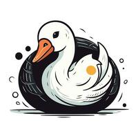 Vector illustration of white swan in black nest on white background.